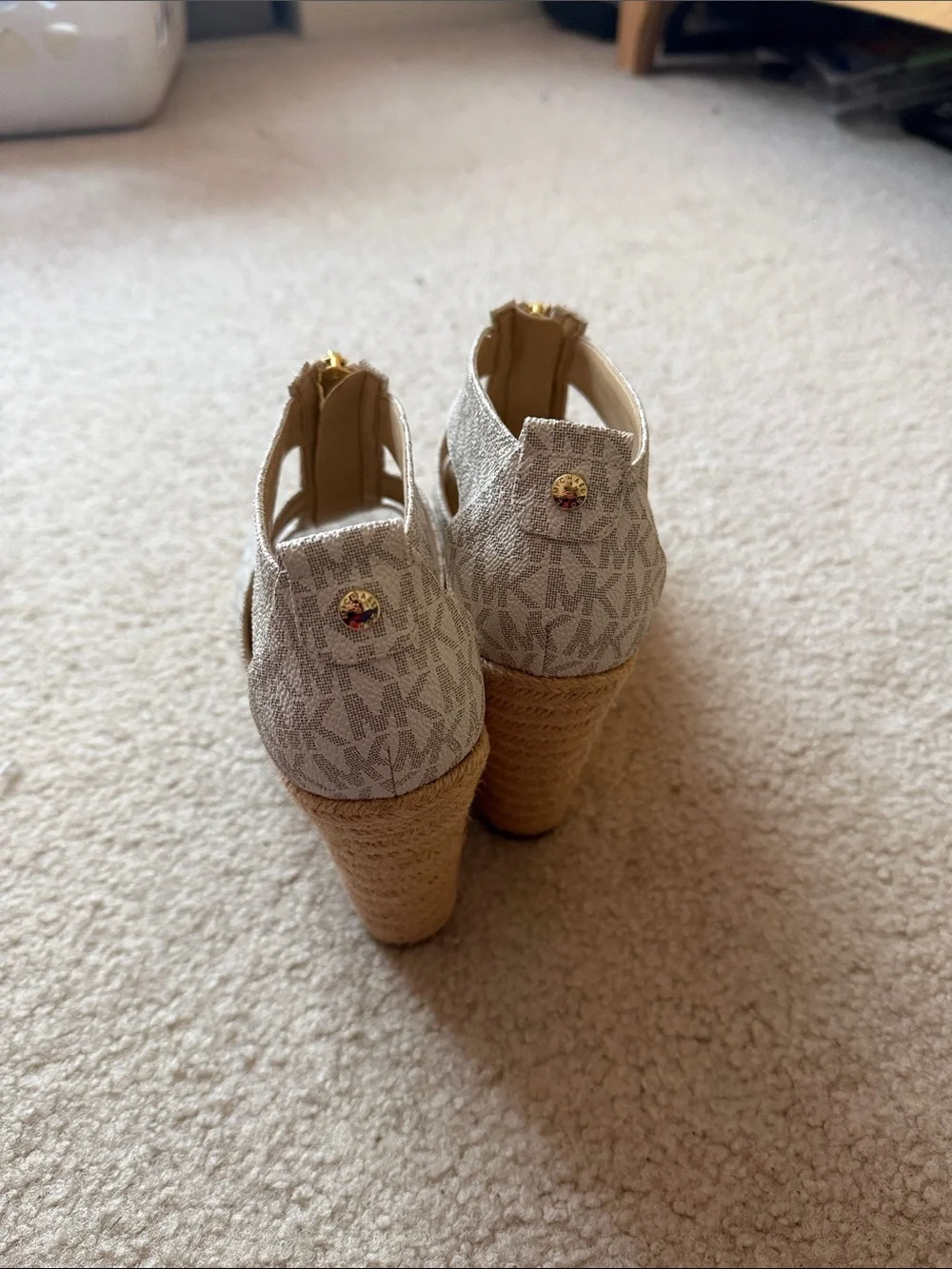 Michael Kors Neutral Logo Espadrille Wedge Sandals with Gold Zip